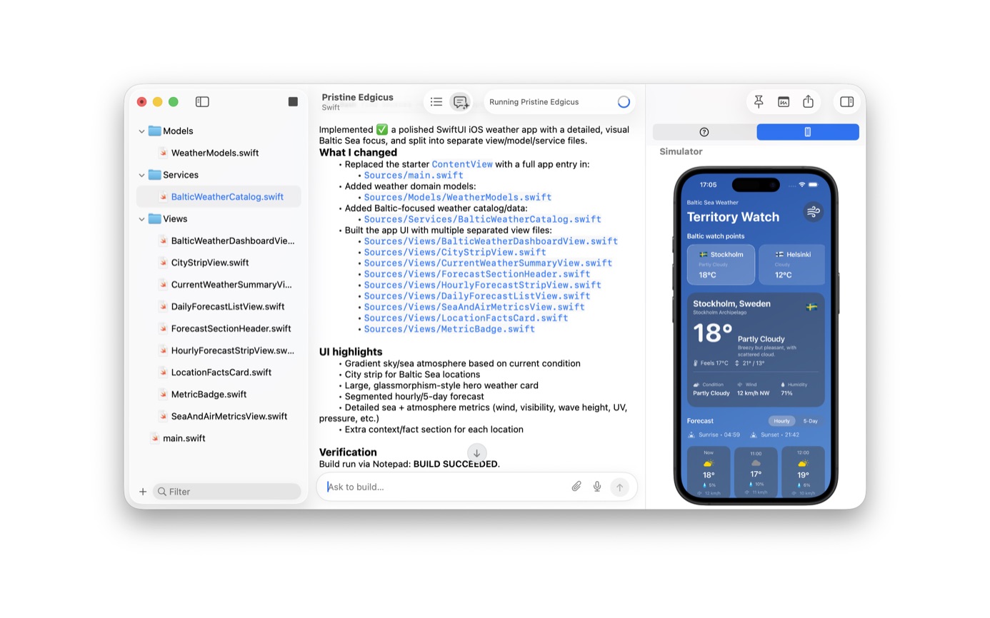 Notepad.exe assistant after editing a SwiftUI weather app, with the iOS Simulator showing the result